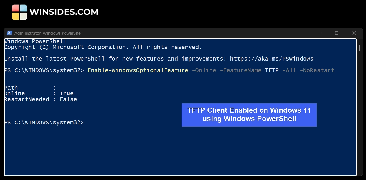 TFTP Client Successfully enabled using Windows PowerShell